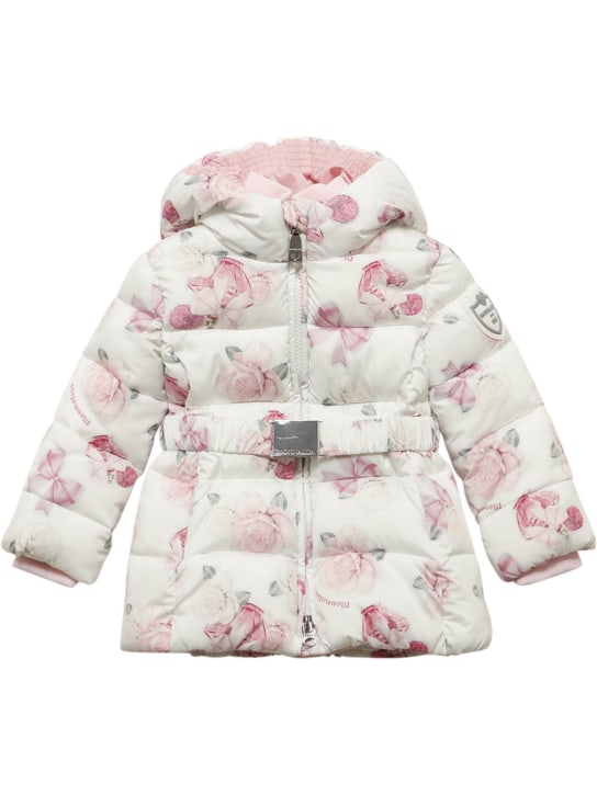 Monnalisa: Rose print nylon puffer jacket w/ belt - kids-girls_0 | Luisa Via Roma
