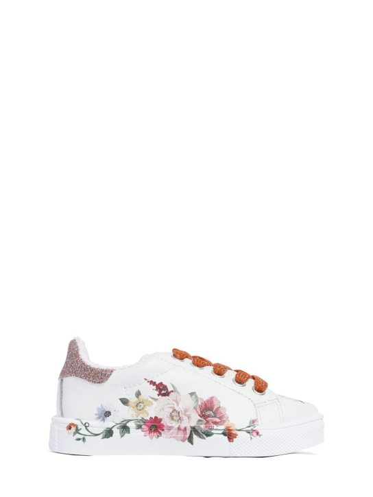 Monnalisa: Sneakers à lacets en cuir imprimé roses - Blanc - kids-girls_0 | Luisa Via Roma
