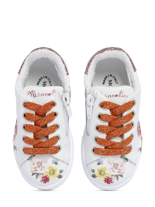 Monnalisa: Sneakers à lacets en cuir imprimé roses - Blanc - kids-girls_1 | Luisa Via Roma