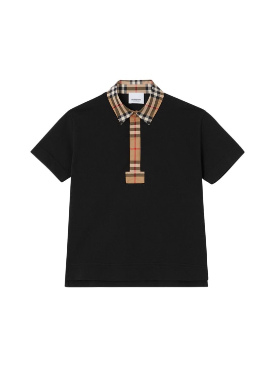 Burberry: Cotton piqué polo shirt w/ Check inserts - Black - kids-boys_0 | Luisa Via Roma