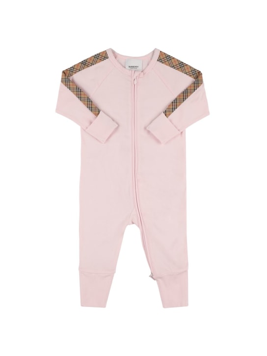 Burberry: Cotton romper, bib & hat w/Check inserts - Pink - kids-girls_1 | Luisa Via Roma