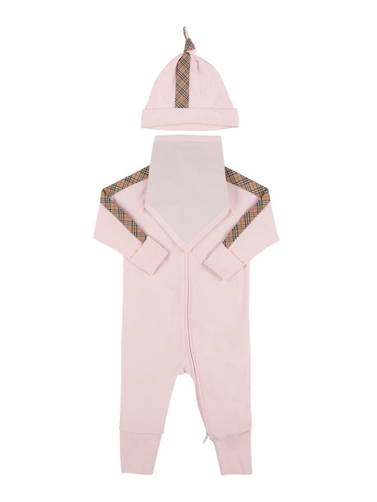 Burberry: Cotton romper, bib & hat w/Check inserts - Pink - kids-girls_0 | Luisa Via Roma