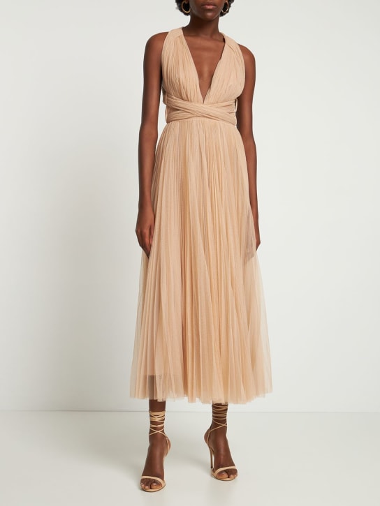 Maria Lucia Hohan: Pleated tulle midi dress w/ low back - Nude - women_1 | Luisa Via Roma
