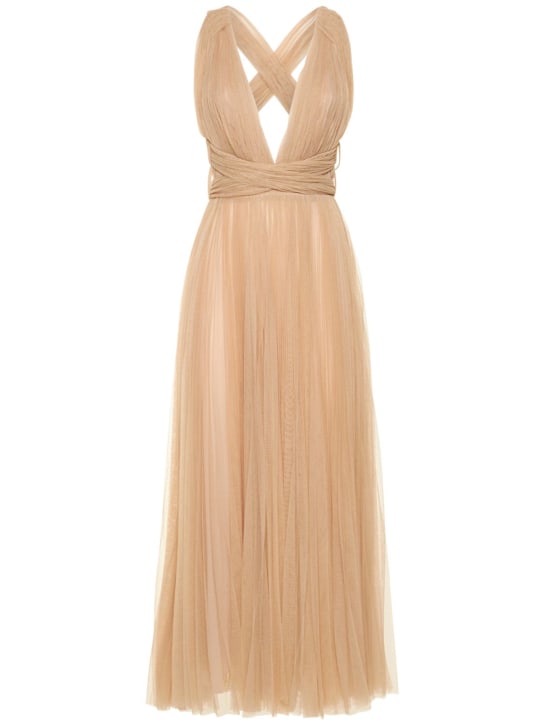 Maria Lucia Hohan: Pleated tulle midi dress w/ low back - Nude - women_0 | Luisa Via Roma