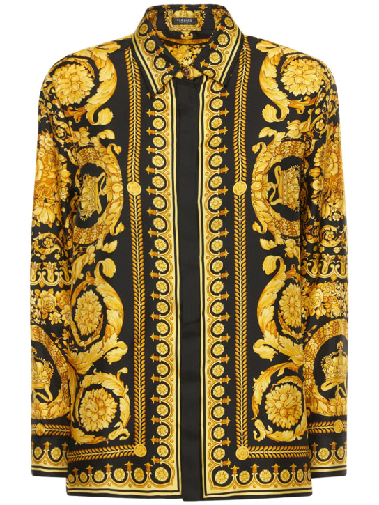 Versace: Camisa de sarga de seda con estampado - Oro/Negro - women_0 | Luisa Via Roma