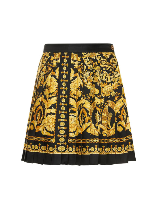 Versace: Minifalda de seda plisada con estampado - Oro/Negro - women_0 | Luisa Via Roma