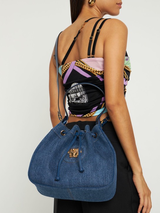 Versace: Medusa denim & leather shoulder bag - women_1 | Luisa Via Roma