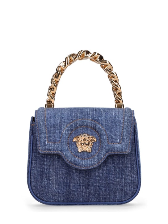 Versace: Medusa denim & leather top handle bag - women_0 | Luisa Via Roma