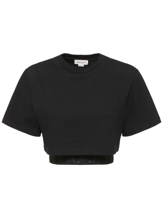 Alexander McQueen: T-shirt en jersey de coton à détails en dentelle - Noir - women_0 | Luisa Via Roma