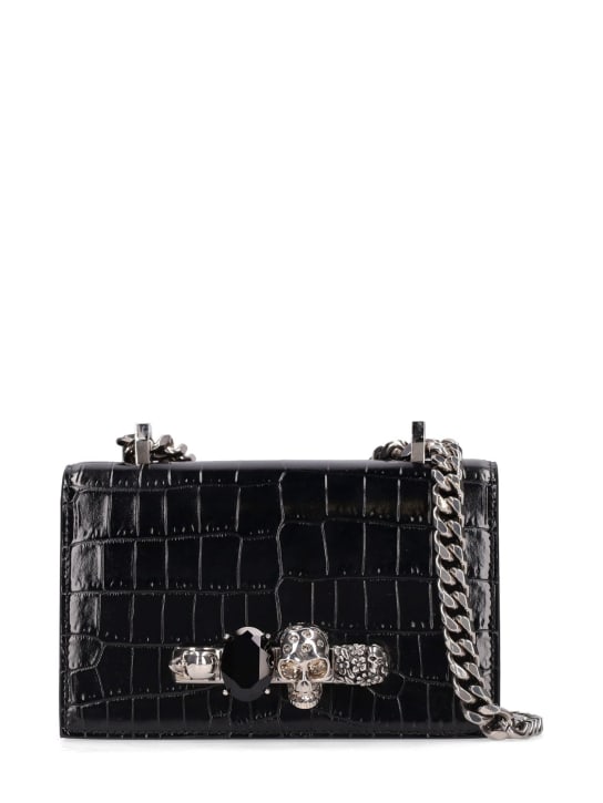 McQueen: Mini Jewelled croc embossed leather bag - Black - women_0 | Luisa Via Roma