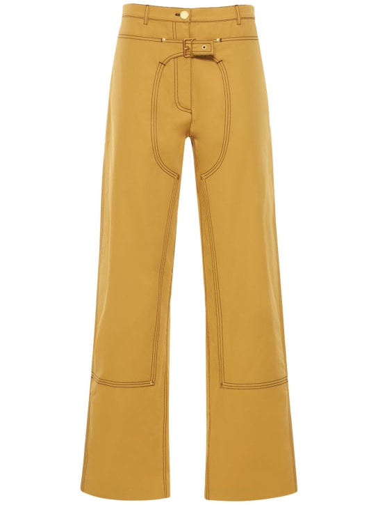 Stella McCartney: Pantalones rectos de sarga de algodón con hebilla - Mostaza - women_0 | Luisa Via Roma