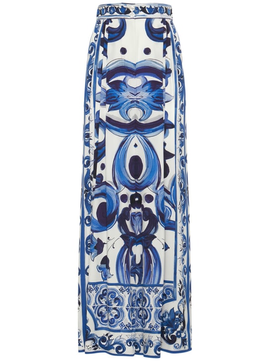 Dolce&Gabbana: Pantalones anchos de charmeuse de seda estampados - Azul/Blanco - women_0 | Luisa Via Roma