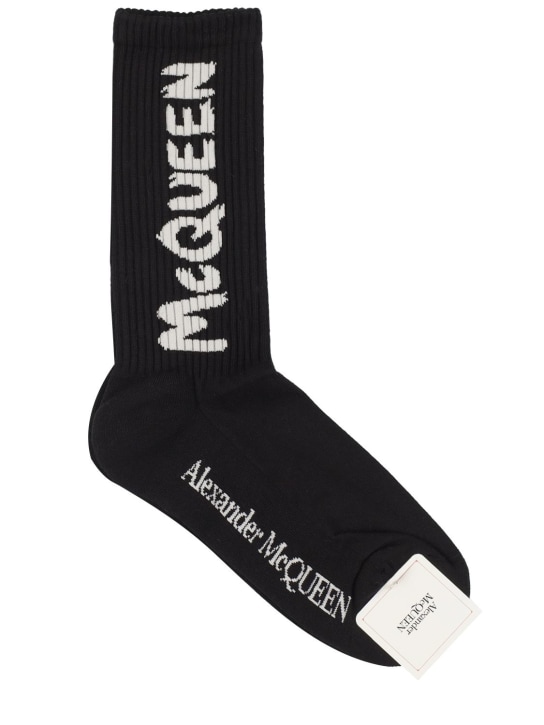 Alexander McQueen: Chaussettes en coton mélangé à logo graffiti - Noir/Ivoire - men_0 | Luisa Via Roma