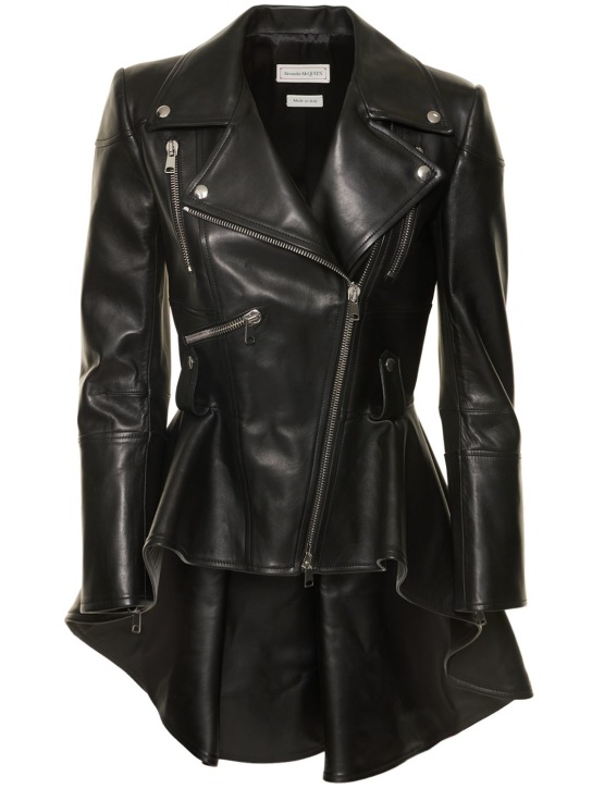 Alexander McQueen: Leather biker jacket w/ peplum - Siyah - women_0 | Luisa Via Roma