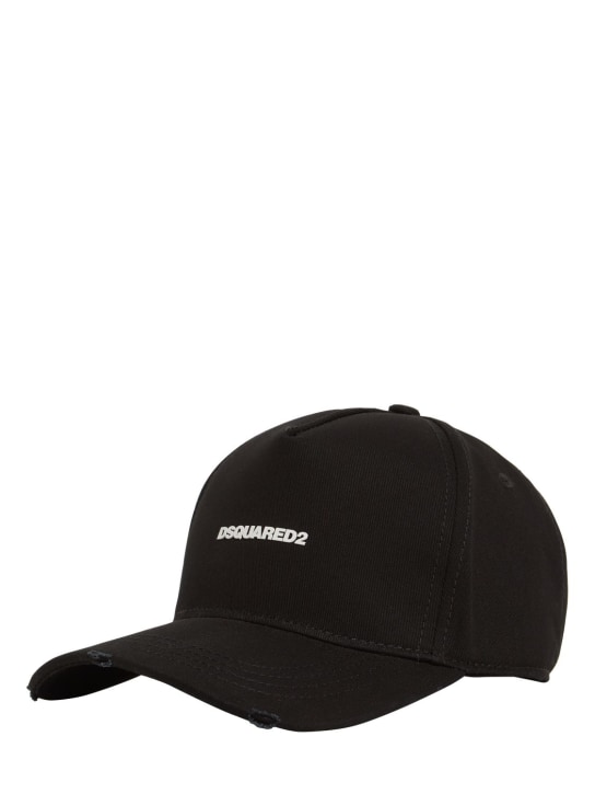 Dsquared2: Cappello in gabardina di cotone con logo - Nero/Bianco - men_1 | Luisa Via Roma