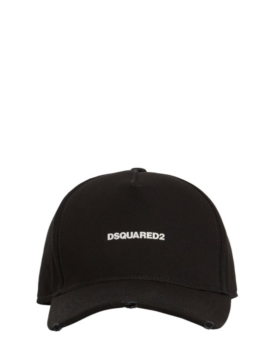 Dsquared2: Cappello in gabardina di cotone con logo - Nero/Bianco - men_0 | Luisa Via Roma