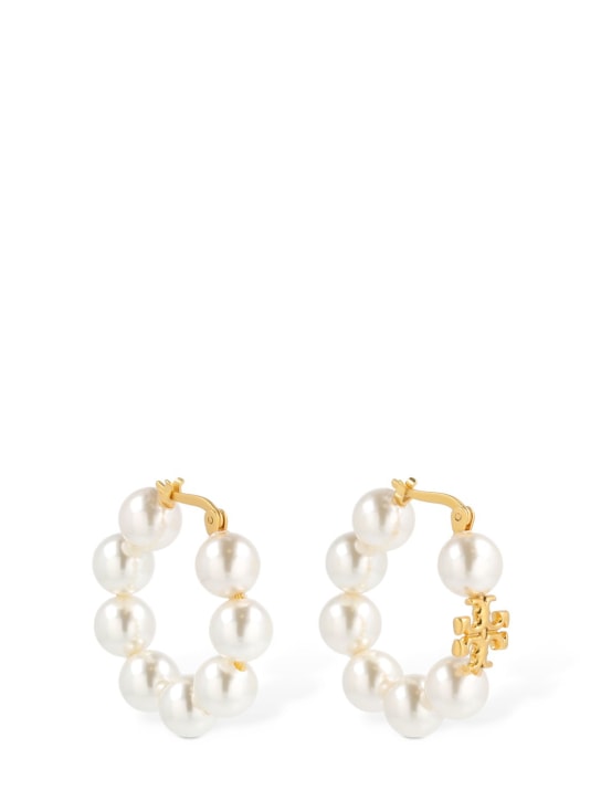 Tory Burch: Kira faux pearl hoop earrings - White/Gold - women_0 | Luisa Via Roma