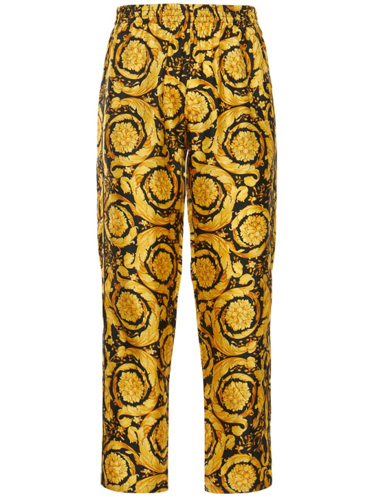 Versace: Pantaloni in twill di seta con stampa barocca - Nero/Oro - men_0 | Luisa Via Roma