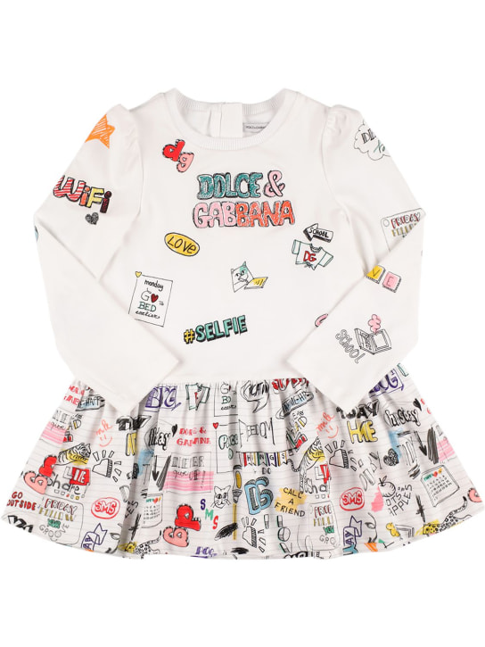 Dolce&Gabbana: Vestido de popelina y jersey con manga larga - Blanco/Multi - kids-girls_0 | Luisa Via Roma