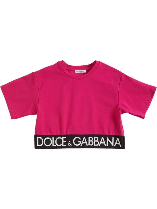 Dolce&Gabbana: Logo棉质平纹针织T恤 - 桃红色 - kids-girls_0 | Luisa Via Roma