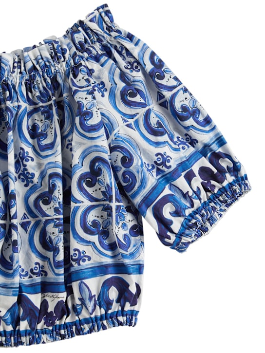 Dolce&Gabbana: Crop top in popeline di cotone stampato - Bianco/Navy - kids-girls_1 | Luisa Via Roma