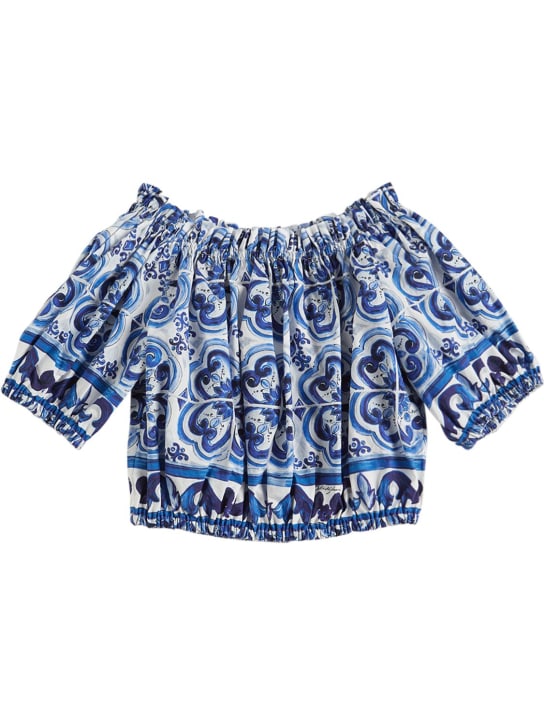 Dolce&Gabbana: Crop top in popeline di cotone stampato - Bianco/Navy - kids-girls_0 | Luisa Via Roma