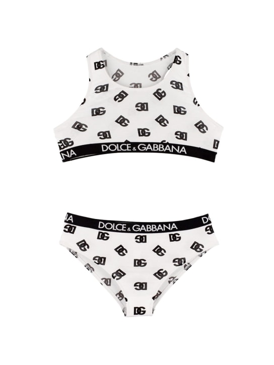 Dolce&Gabbana: Top e slip in misto cotone stampa monogram - Bianco - kids-girls_0 | Luisa Via Roma