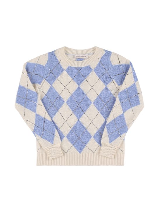 Monnalisa: Suéter de punto de lana - Blanco/Azul Claro - kids-girls_0 | Luisa Via Roma