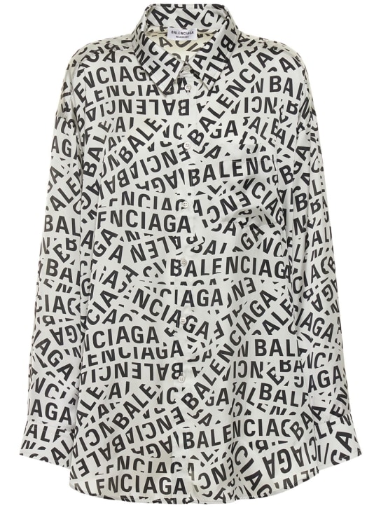 Balenciaga: Camicia in techno raso con logo - Nero/Bianco - women_0 | Luisa Via Roma