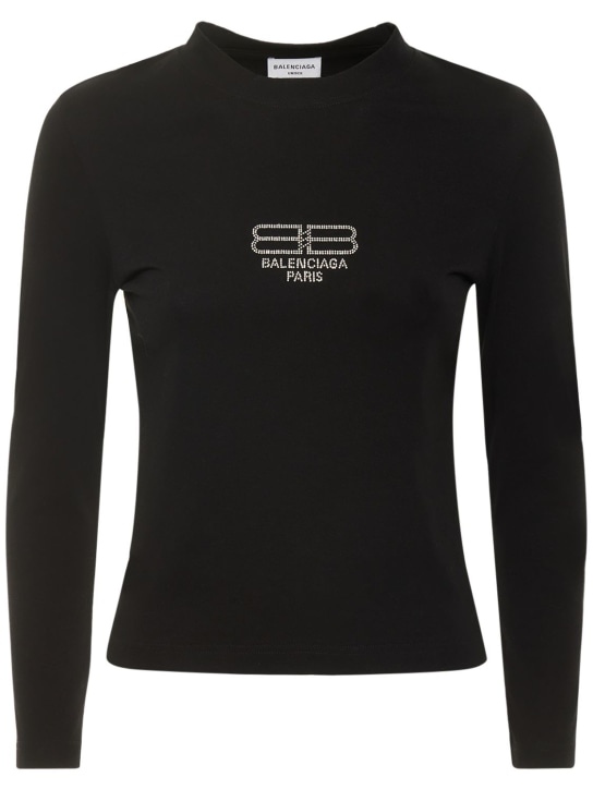 Balenciaga: 고정된 스트레치 코튼 티셔츠 - 블랙/실버 - women_0 | Luisa Via Roma
