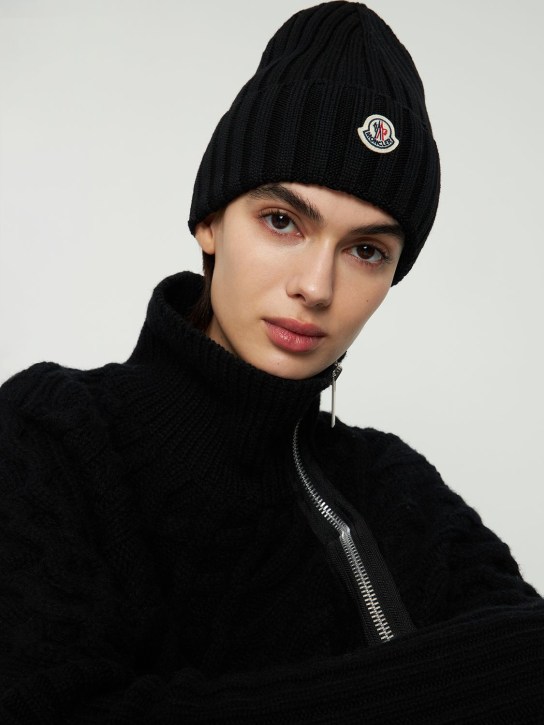 Moncler: Knitted wool hat - Black - women_1 | Luisa Via Roma