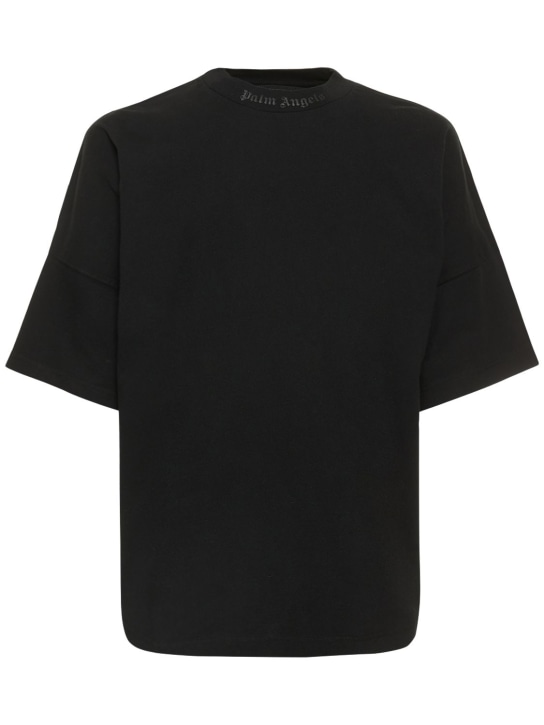 Palm Angels: T-shirt oversize en coton à logo pailleté - Noir - men_0 | Luisa Via Roma