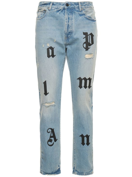 Palm Angels: Logo patch cotton denim jeans - Mavi/Siyah - men_0 | Luisa Via Roma