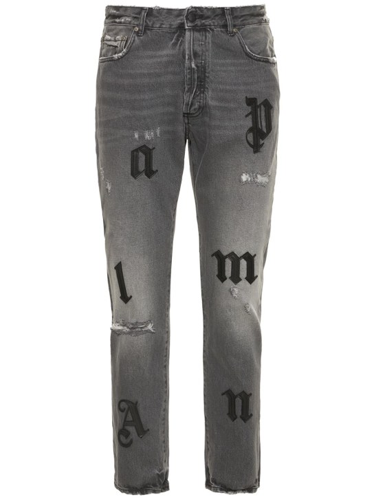 Palm Angels: Logo patch cotton denim jeans - Grey - men_0 | Luisa Via Roma