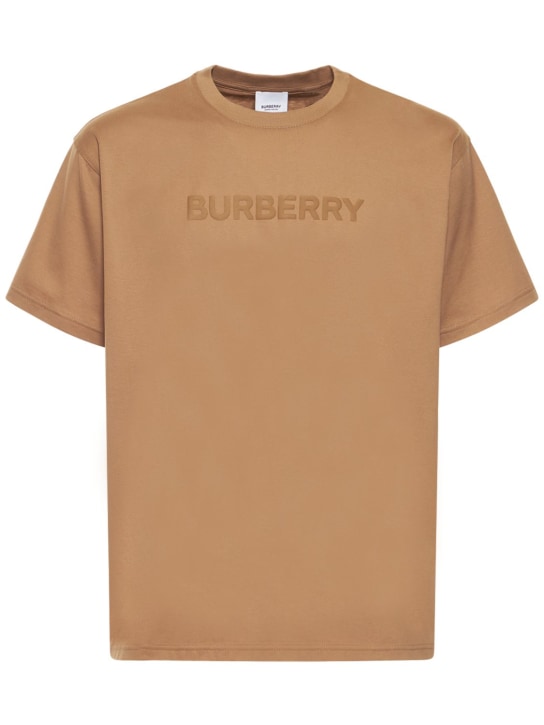 Burberry: T-shirt Harriston in jersey di cotone con logo - Cammello - men_0 | Luisa Via Roma