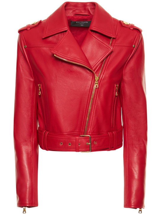 Balmain: Cropped leather biker jacket - women_0 | Luisa Via Roma