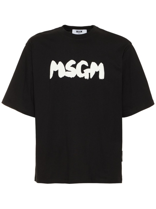 MSGM: Logo印花棉质平纹针织T恤 - 黑色/白色 - men_0 | Luisa Via Roma