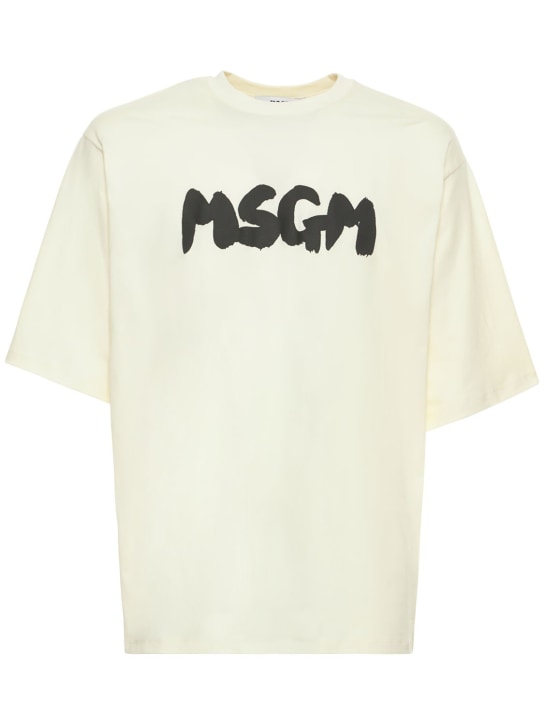 MSGM: T-shirt en jersey de coton à imprimé logo - Crème/Noir - men_0 | Luisa Via Roma
