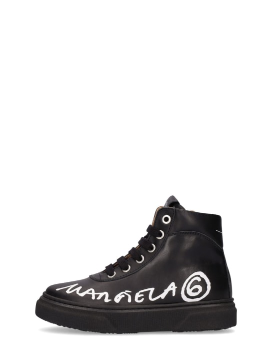 MM6 Maison Margiela: Sneakers à lacets en cuir imprimé logo - kids-boys_0 | Luisa Via Roma