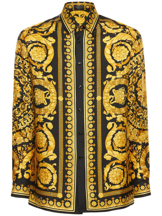 Versace: Camisa de sarga de seda con estampado barroco - Negro/Dorado - men_0 | Luisa Via Roma