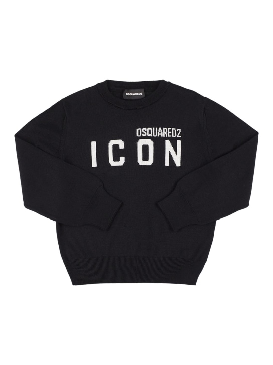 Dsquared2: Icon intarsia wool blend knit sweater - Black - kids-girls_0 | Luisa Via Roma