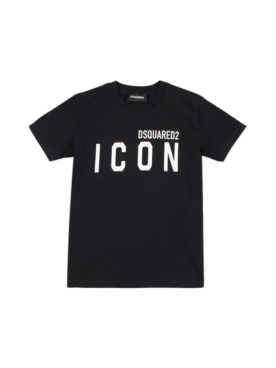 Dsquared2: Icon印花棉质平纹针织T恤 - 黑色 - kids-boys_0 | Luisa Via Roma