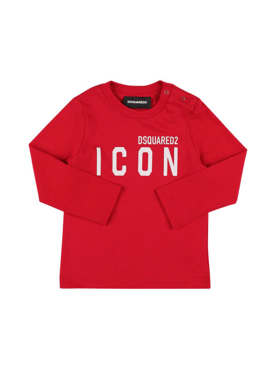 Dsquared2: Icon印花棉质平纹针织T恤 - 红色 - kids-boys_0 | Luisa Via Roma