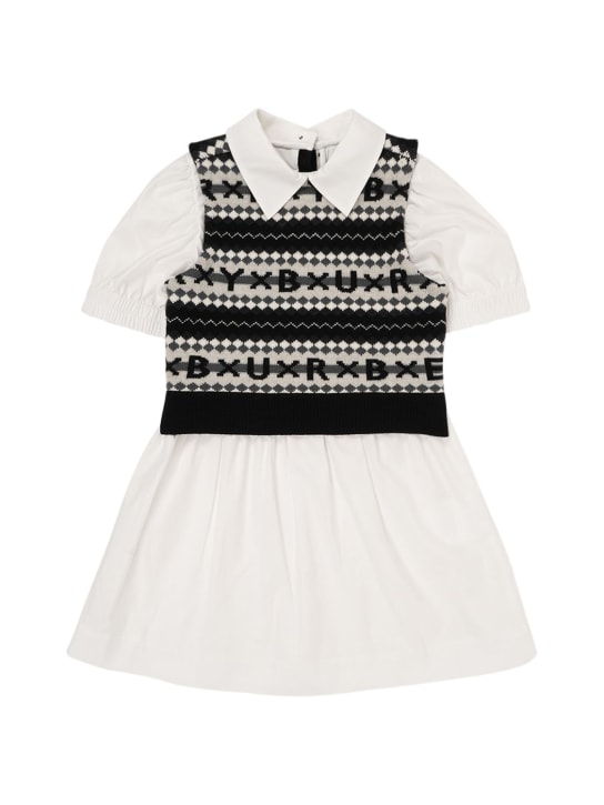 Burberry: Robe midi en popeline avec gilet en maille - Blanc/Noir - kids-girls_0 | Luisa Via Roma