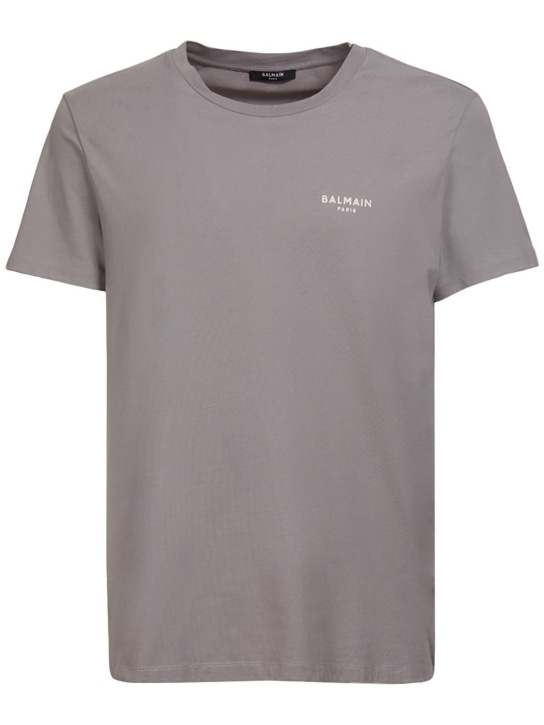 Balmain: Flocked logo organic cotton t-shirt - men_0 | Luisa Via Roma