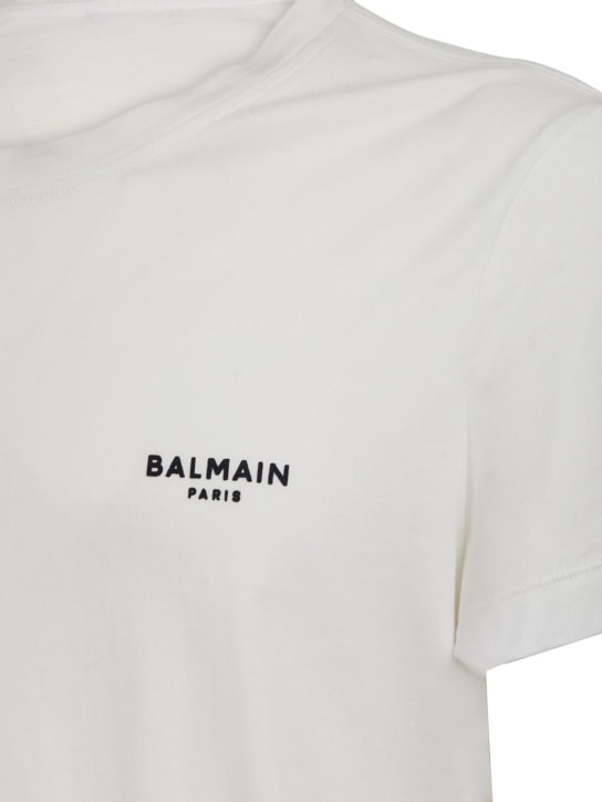 Balmain: Flocked logo organic cotton t-shirt - White - men_3 | Luisa Via Roma