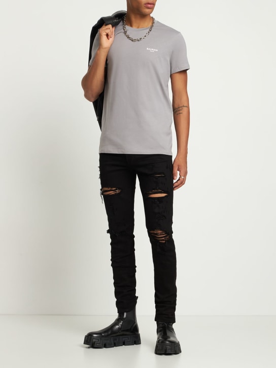 Balmain: Flocked logo organic cotton t-shirt - men_1 | Luisa Via Roma