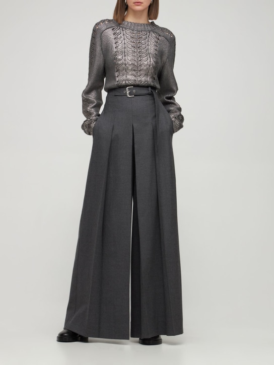 Alberta Ferretti: Pantalon large en flanelle de laine avec ceinture - women_1 | Luisa Via Roma