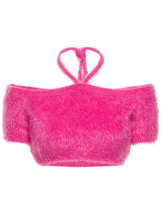 MSGM: Fluffy solid knit crop top - Fuchsia - women_0 | Luisa Via Roma