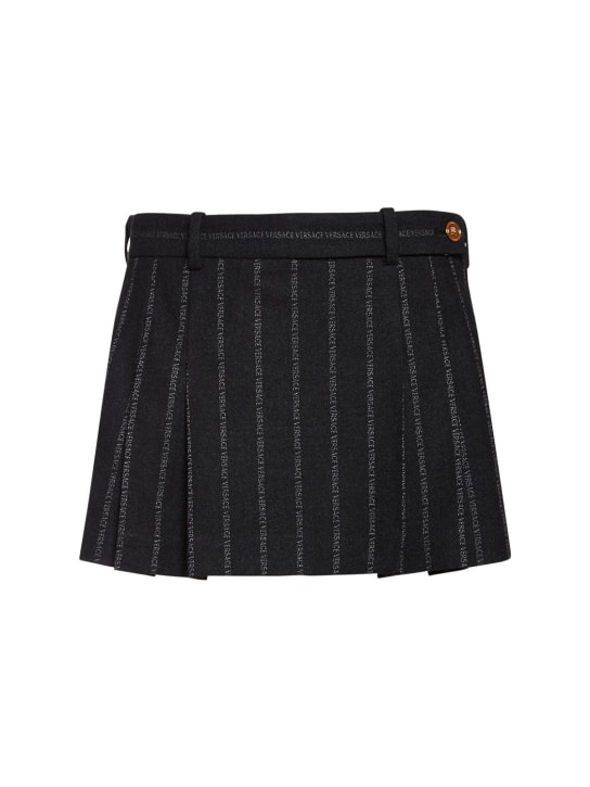 Versace: Logo pleated pinstripe wool mini skirt - women_0 | Luisa Via Roma